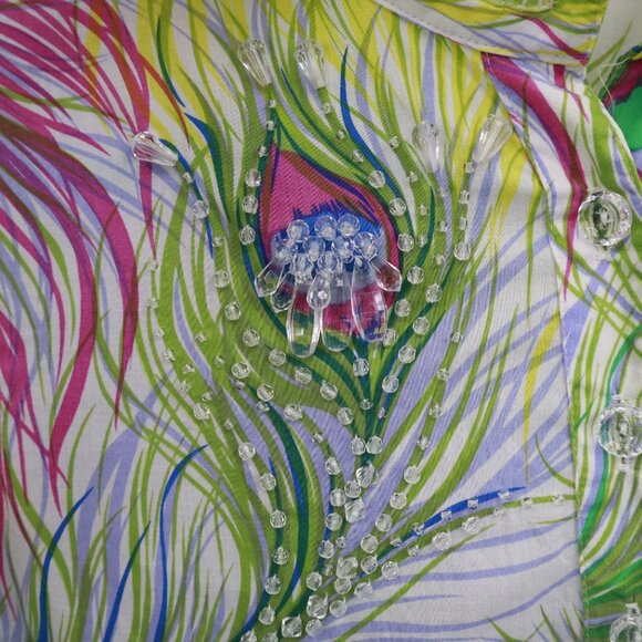 Nanette Lepore Peacock Print Top Women 2 White Boho Unique Artsy Creative Whimsy - Picture 9 of 16